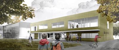 So sehen die Entwüfe des Architekturbüros rheinpark_r Rövekamp Bochum zum Bau der neuen Mensa an der Gesamtschule Xanten-Sonsbeck aus. Foto: Stadt Xanten