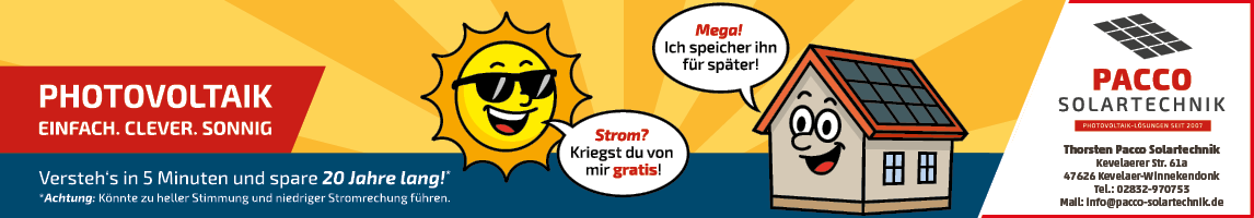 Anzeige Pacco Solartechnik: Sonne schenkt Strom, Haus mit PV-Dach speichert. Oben Slogan ‚Photovoltaik – einfach. clever. sonnig.‘