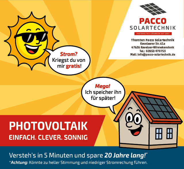 Anzeige Pacco Solartechnik: Sonne schenkt Strom, Haus mit PV-Dach speichert. Unten Slogan ‚Photovoltaik – einfach. clever. sonnig.‘