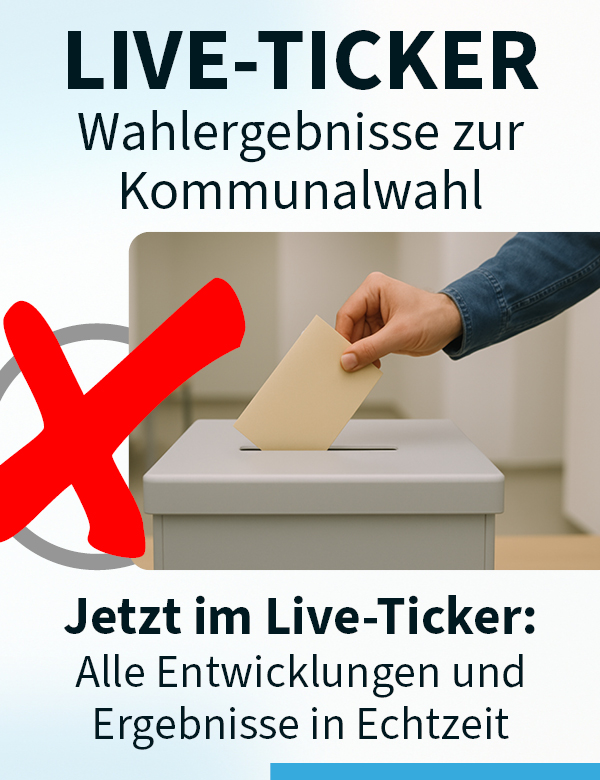 Bannerwerbung: Eine Person wirft einen Wahlzettel in eine Wahlurne; daneben steht groß der Text "Live-Ticker – Wahlergebnisse zur Kommunalwahl" mit einem roten Kreuzsymbol.