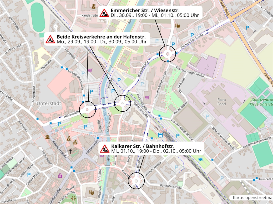 Ab Montag kommt es zu Verkehrsbehinderungen. Karte: openstreetmap / Grafik: Stadt Kleve