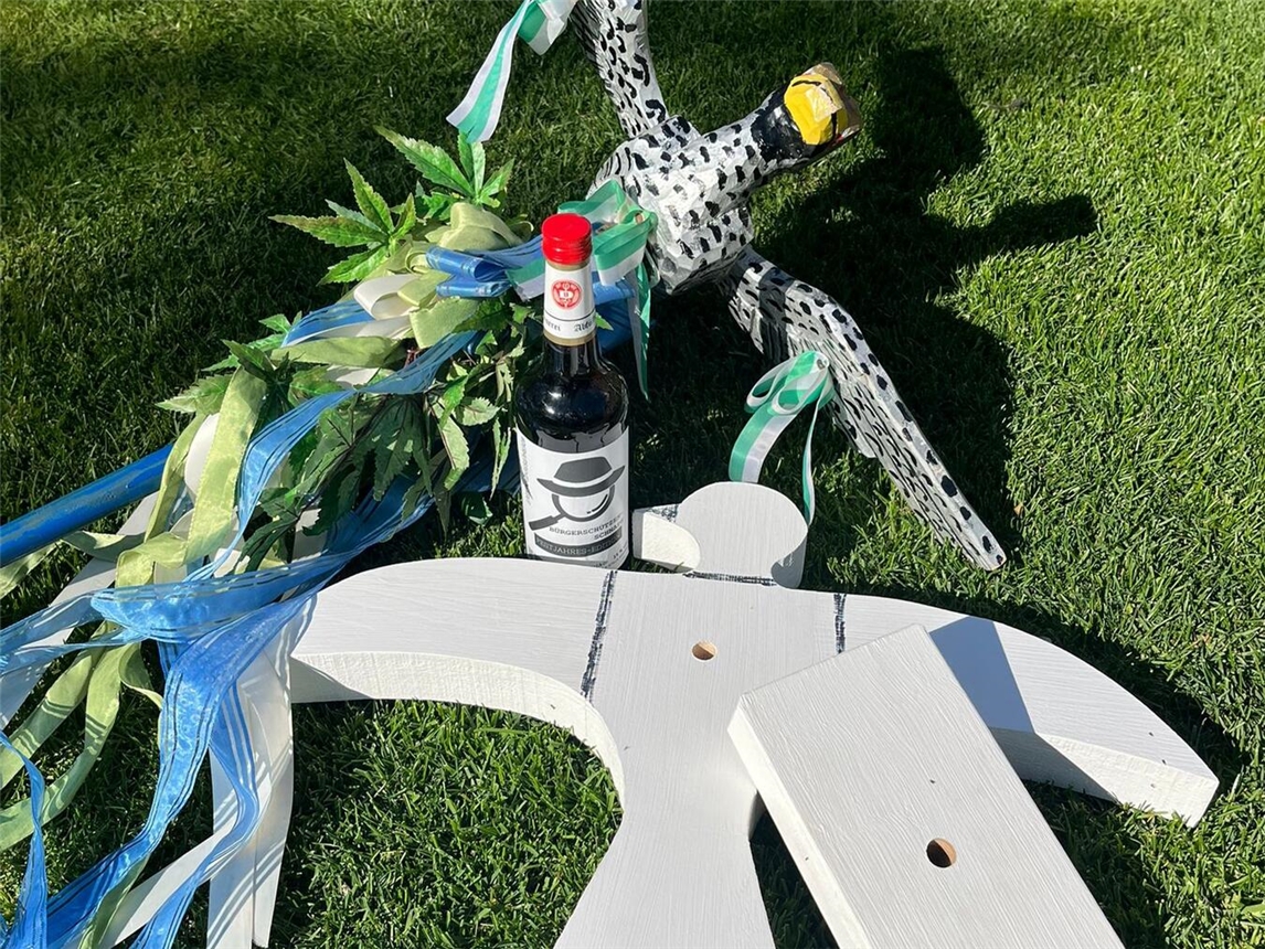 Alle wichtigen Utensilien für die Schießen sind gerichtet: ein repräsentativer Vogel für den Umzug, ein Holzvogel für das Vogelschießen und der „Klotz“ für das Warmschießen am Vorabend. Foto: privat