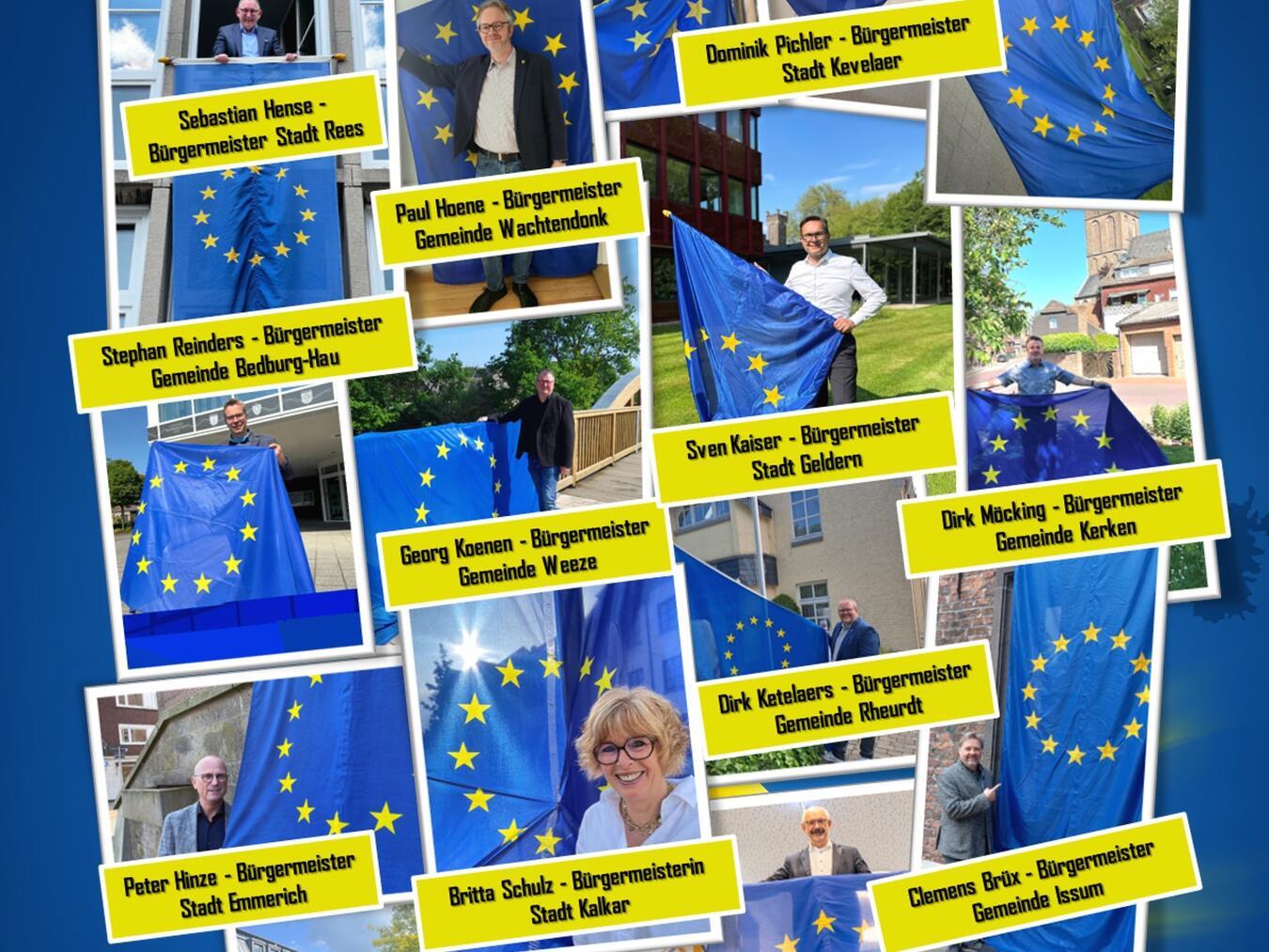 Am 9. Juni findet die Europawahl in Deutschland statt. Auch die Bürgermeisterin und die Bürgermeister des Kreises Kleve zeigen Flagge für Europa.Grafik: Stadt Geldern