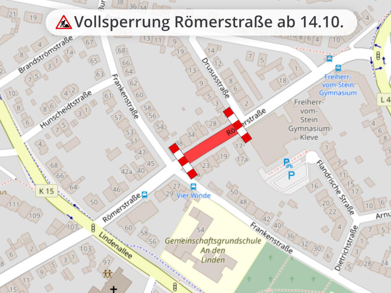 Am Montag beginnen die Bauarbeiten an der Römerstraße. Grafik: Stadt Kleve/openstreetmap.org