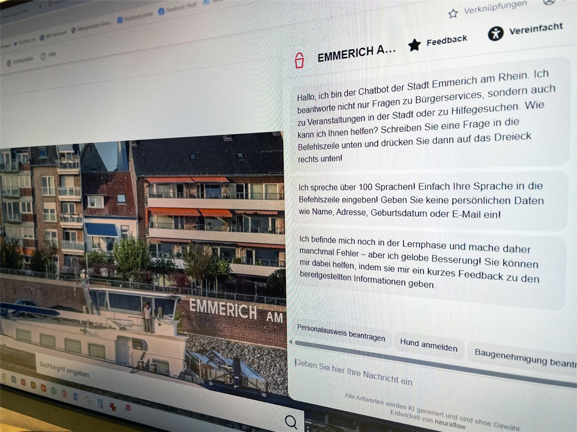 Auf der Homepage der Stadt Emmerich unterstützt ab sofort ein KI-Chatbot die Nutzer auf der Suche nach Informationen. Foto: Stadt Emmerich