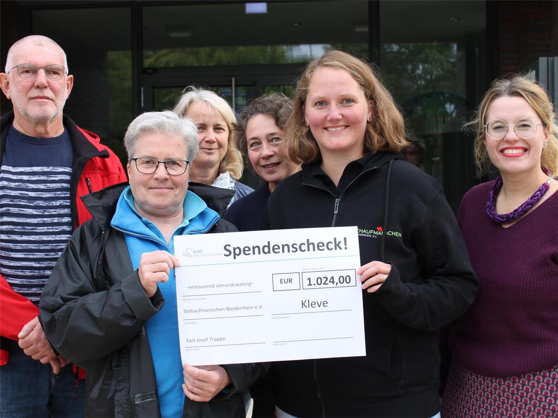 Bei der Spendenübergabe (v.l.): Karl Josef Trappe & Annette Döing (Tourguides), Martina Gellert (WTM), Charmaine Haswell (Geschäftsführerin WTM), Lena Goemans (Stehaufmännchen Niederrhein), Kristina Janßen (WTM). Foto: WTM