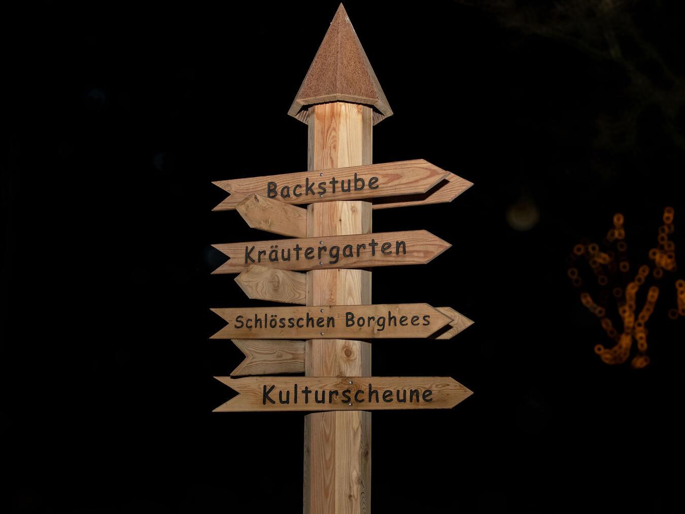 Beste Stimmung herrscht bei den Projektpartnern (l.) bei der Vorstellung des neuen Programms am Ensemble Schlösschen Borghees. Was das Areal alles zu bieten hat, verrät auch ein hölzerner Schilderpfosten. NN-Foto: Gerhard Seybert