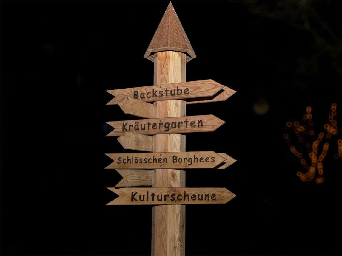 Beste Stimmung herrscht bei den Projektpartnern (l.) bei der Vorstellung des neuen Programms am Ensemble Schlösschen Borghees. Was das Areal alles zu bieten hat, verrät auch ein hölzerner Schilderpfosten. NN-Foto: Gerhard Seybert