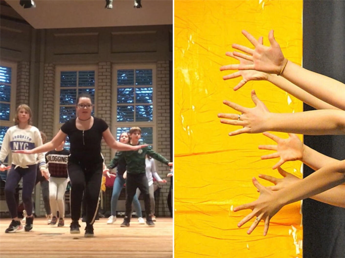 Collage zum Workshop "Kunst tanzt" mit kreativen Tanz- und Kunstmotiven, Foto von van Beek/Welz-Janssen.