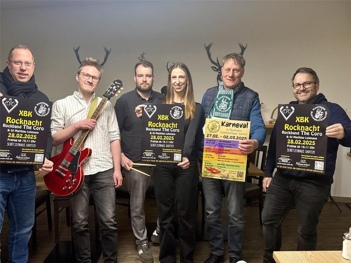 Daniel Reis (XBK), Gitarrist Till Nagels, Schlagzeuger Stephan Nabbefeld, Sängerin Rebecca Janßen (alle The Coro), Werner van Gemmeren (XBK) und Festwirt Michael Neumaier (v.l.) freuen sich auf einen rockig-schönen Abend. NN-Foto: SP
