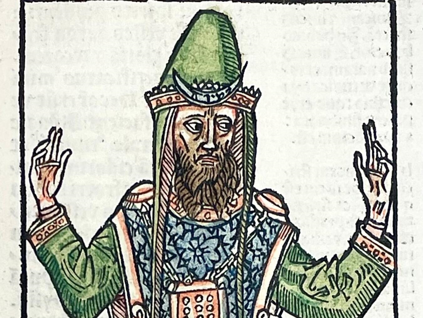 Im StiftsMuseum Xanten: Kuratorenführung durch die Ausstellung „Bruchstücke“ Darstellung eines Hohepriesters aus einem Bibelkommentar des französischen Gelehrten Nicolai de Lyra, erstellt zwischen 1322 und 1331. Foto: StiftsMuseum Xanten