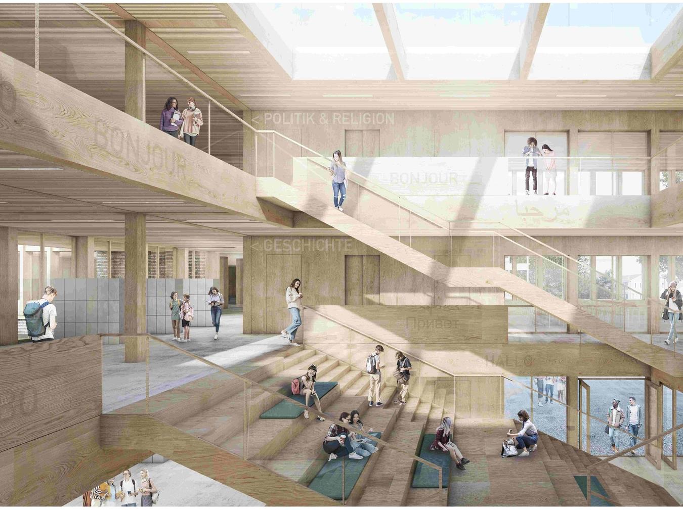 Ein Neubau für das Stiftsgymnasium? Das Foyer haben die Architekten offen und multifunktionell gestaltet.