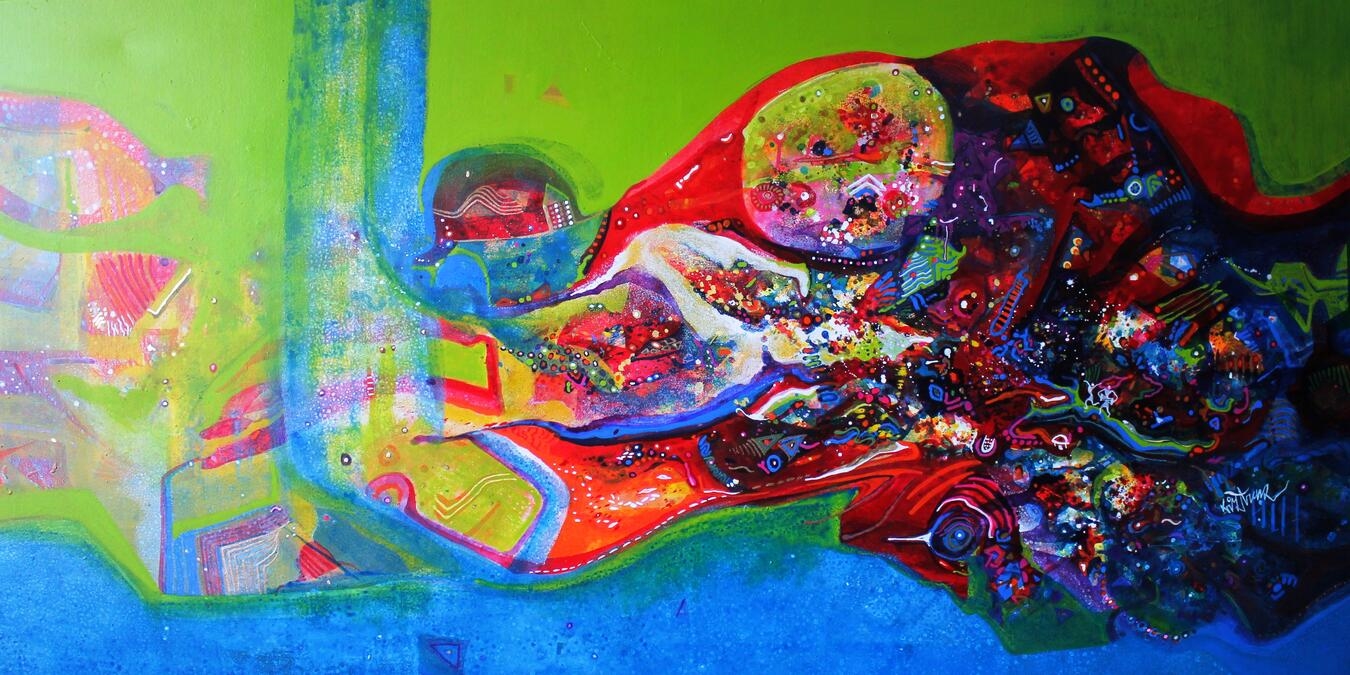 "Morning Glory von Sanjay Punekar auf dem Huntenkunst Festival in Ulft, internationale Kunstwerke, farbenfrohes Gemälde"