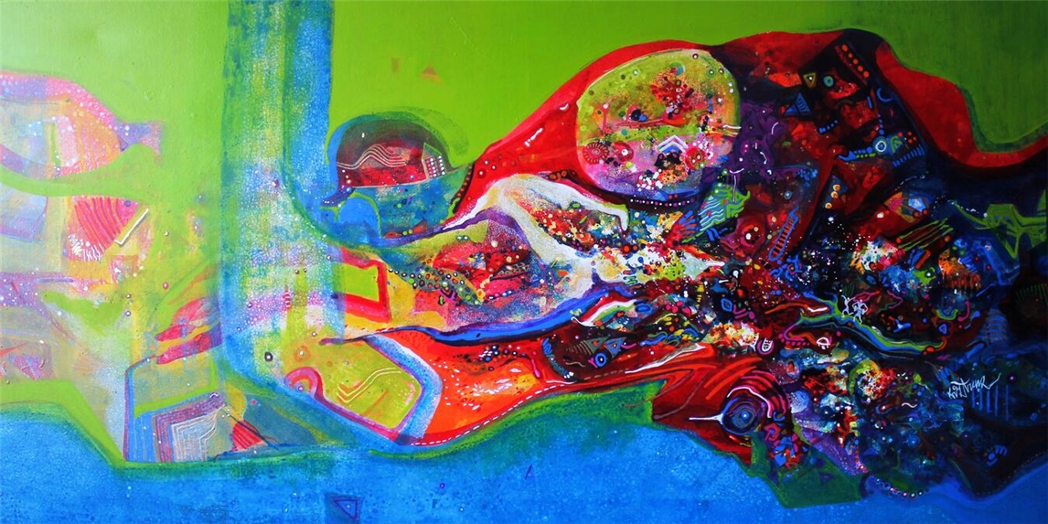 "Morning Glory von Sanjay Punekar auf dem Huntenkunst Festival in Ulft, internationale Kunstwerke, farbenfrohes Gemälde"