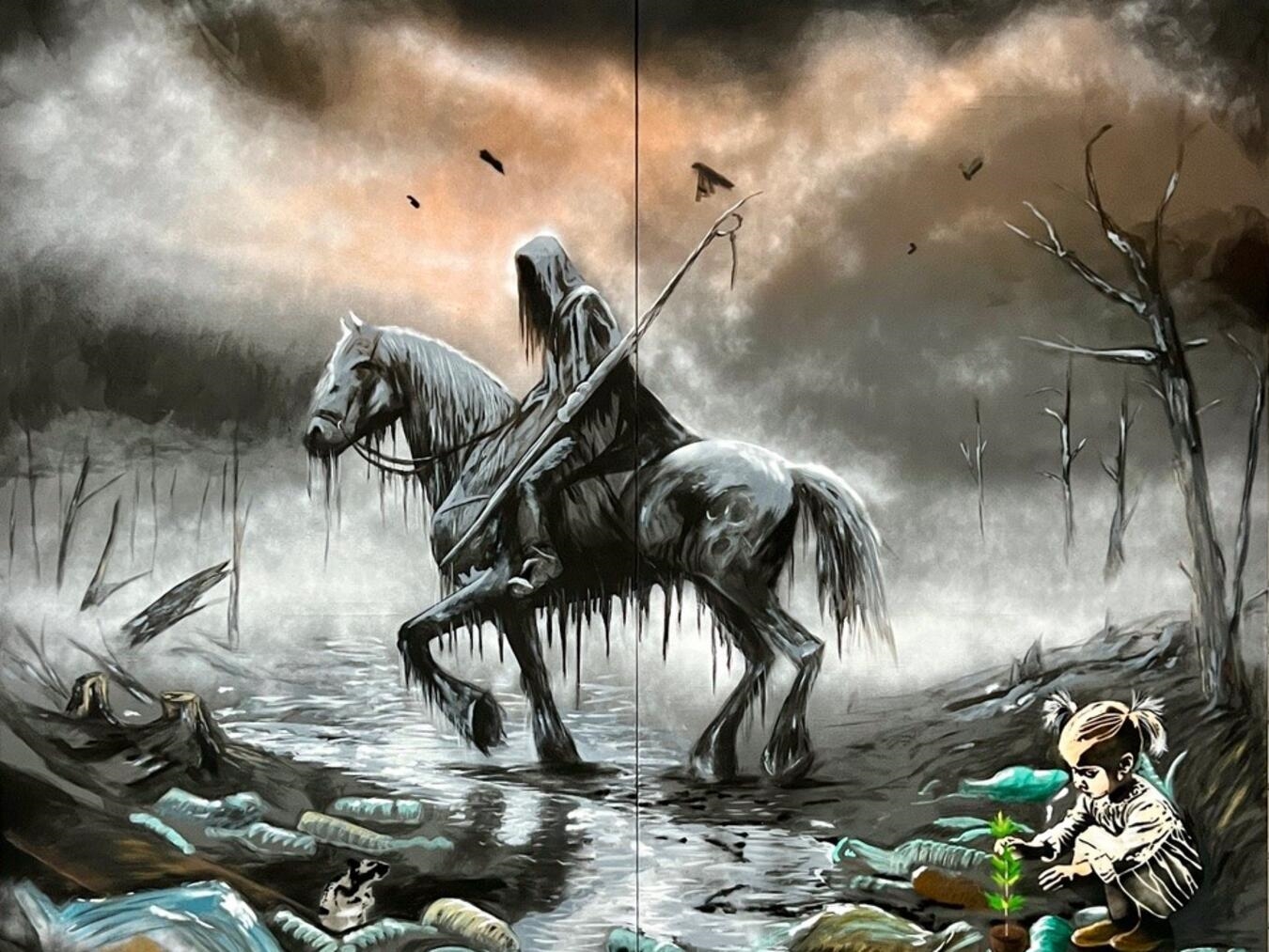 Das „Mädchen mit Pflanze“ ist ein Detailmotiv aus Thomas Baumgärtels groß angelegten Werkkomplex Apokalypse.