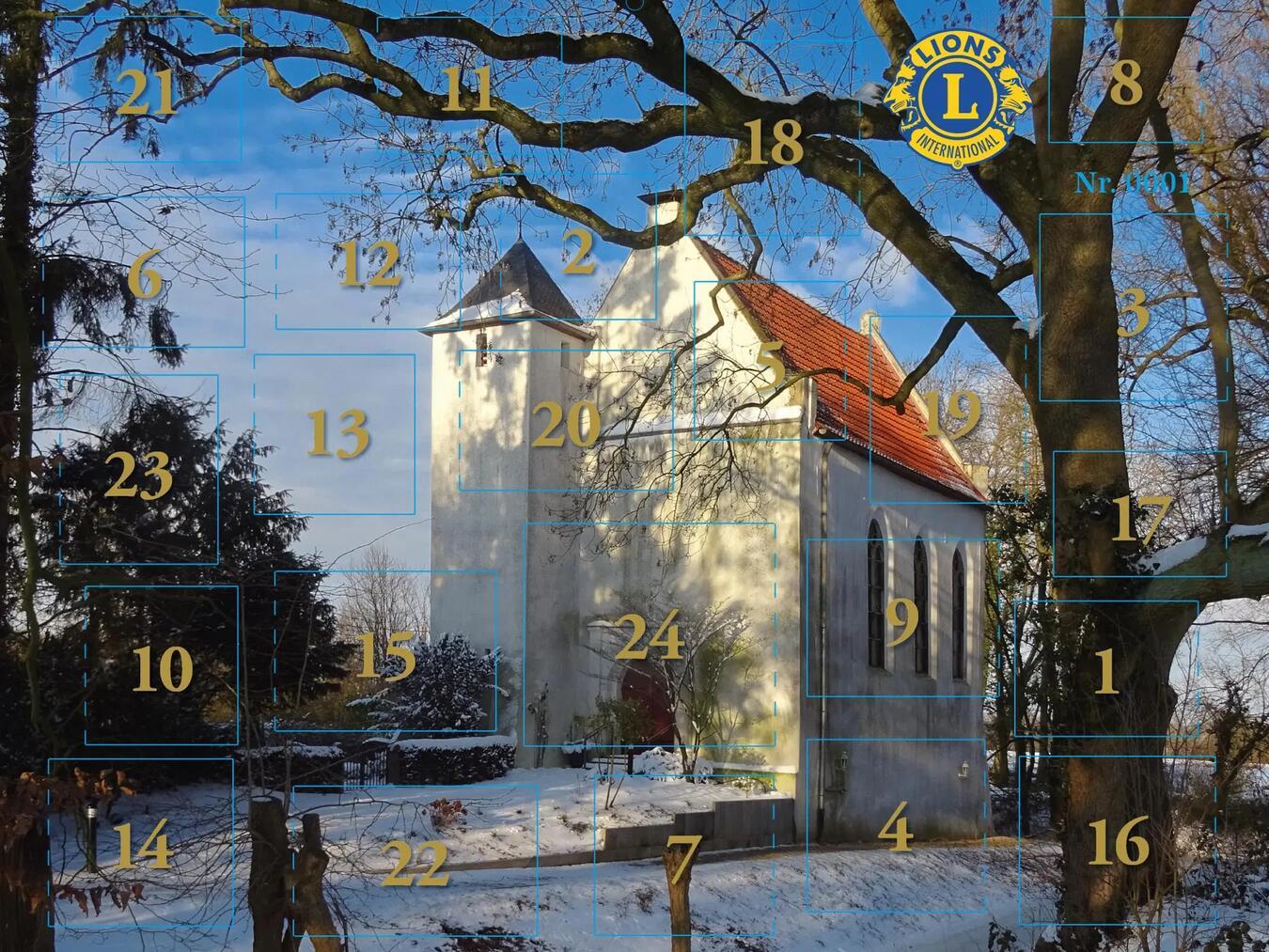 Das Motiv in diesem Jahr zeigt die Kirche Mörmter im Schnee.Foto: Lions Club Xanten/Ralf Autrata