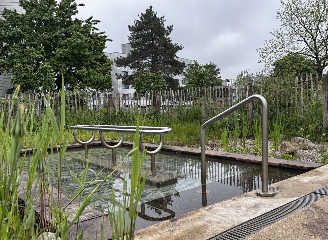 "Wassertretbecken im Kneipp-Gesundheitsgarten zur Saisoneröffnung, gesundheitsfördernde Hydrotherapie"