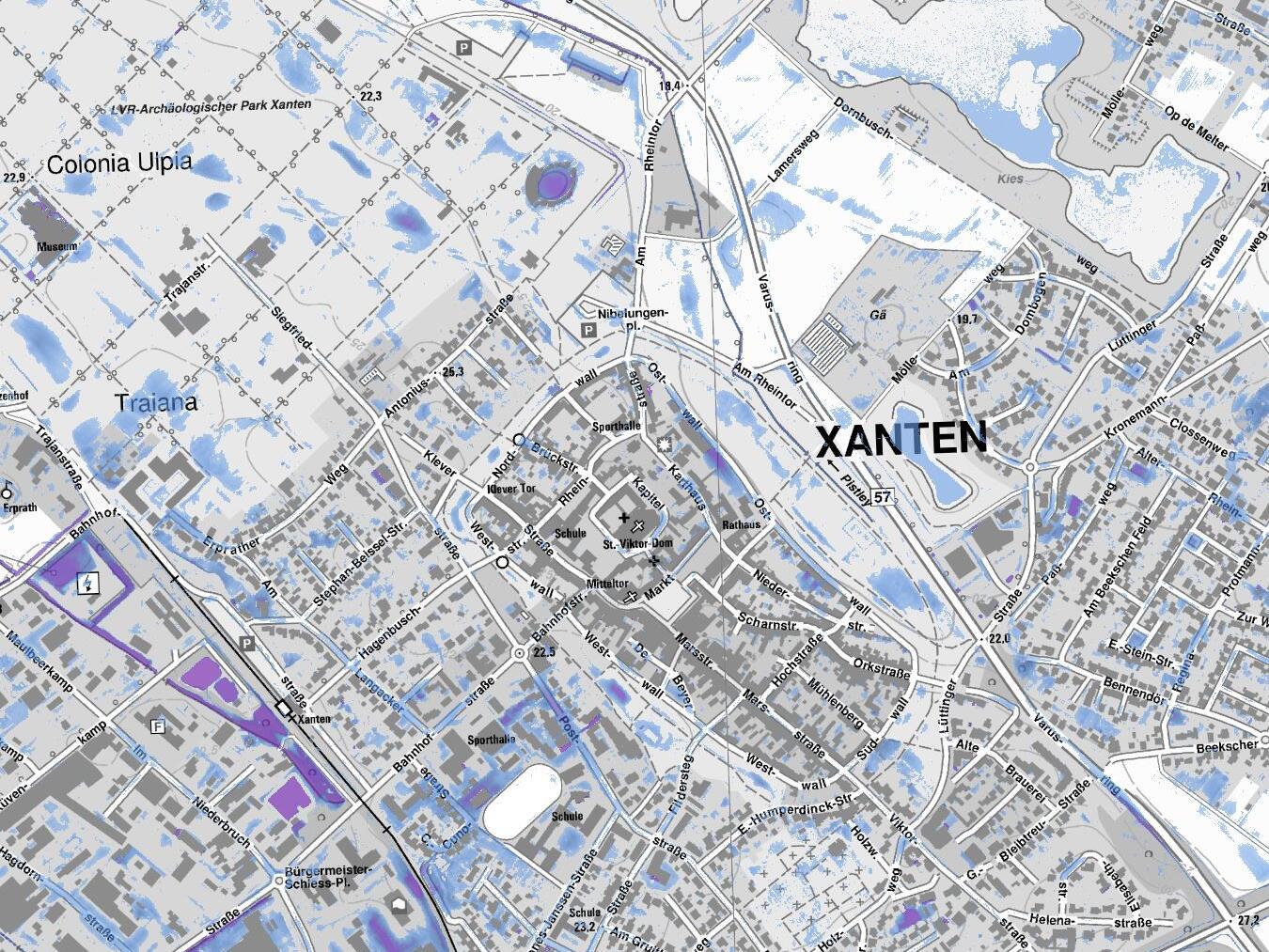 Der Auszug aus der Starkregengefahrenkarte zeigt die gefährlichen Zonen in Xanten. Grafik: Anke Buecker
