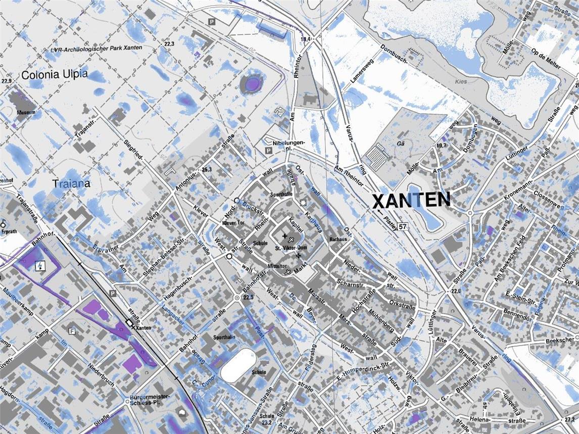 Der Auszug aus der Starkregengefahrenkarte zeigt die gefährlichen Zonen in Xanten. Grafik: Anke Buecker