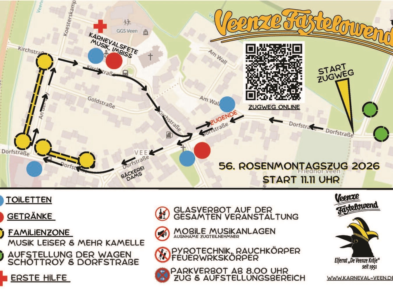 Der diesjährige Zugweg des Veener Rosenmontagzuges. Grafik: De Veenze Kräje