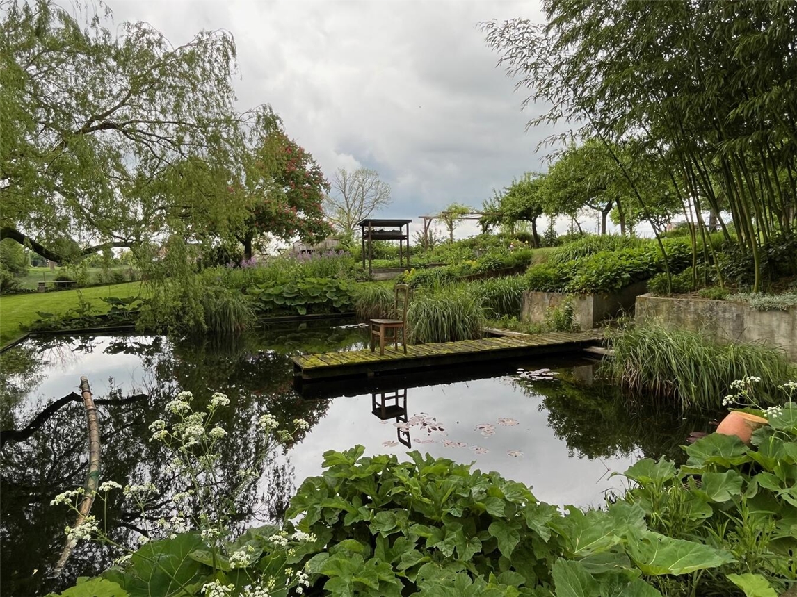 "Garten am Rheindeich im Frühling, blühende Blumen, grüne Wiese, idyllische Landschaft"