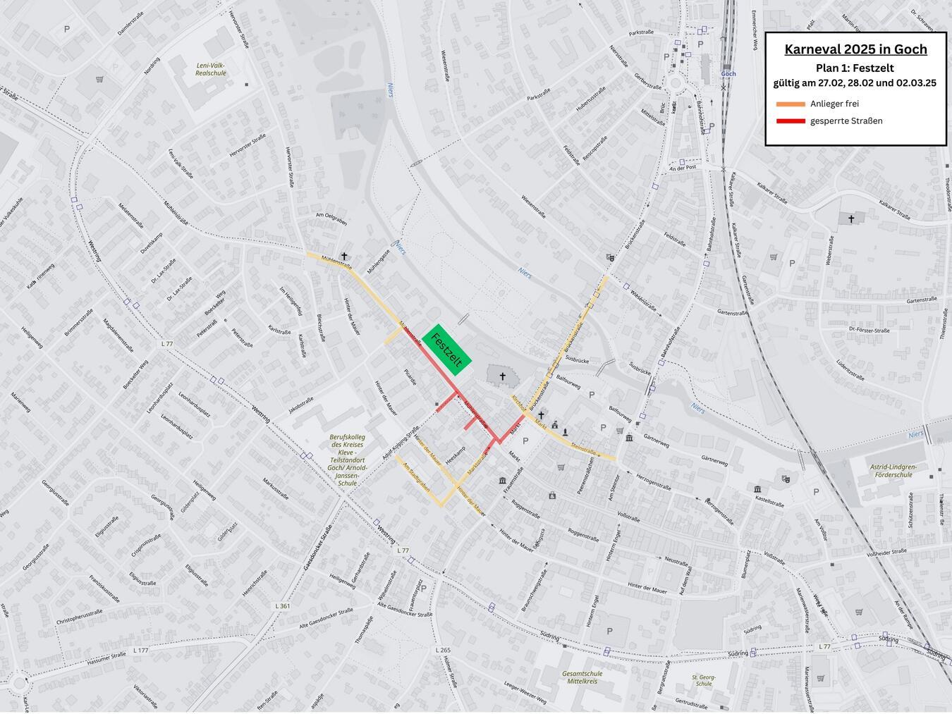 Der Plan Festzelt, der an Altweiber (27. Februar), am 28. Februar und am 2. März gilt. Karte: OpenStreetMap