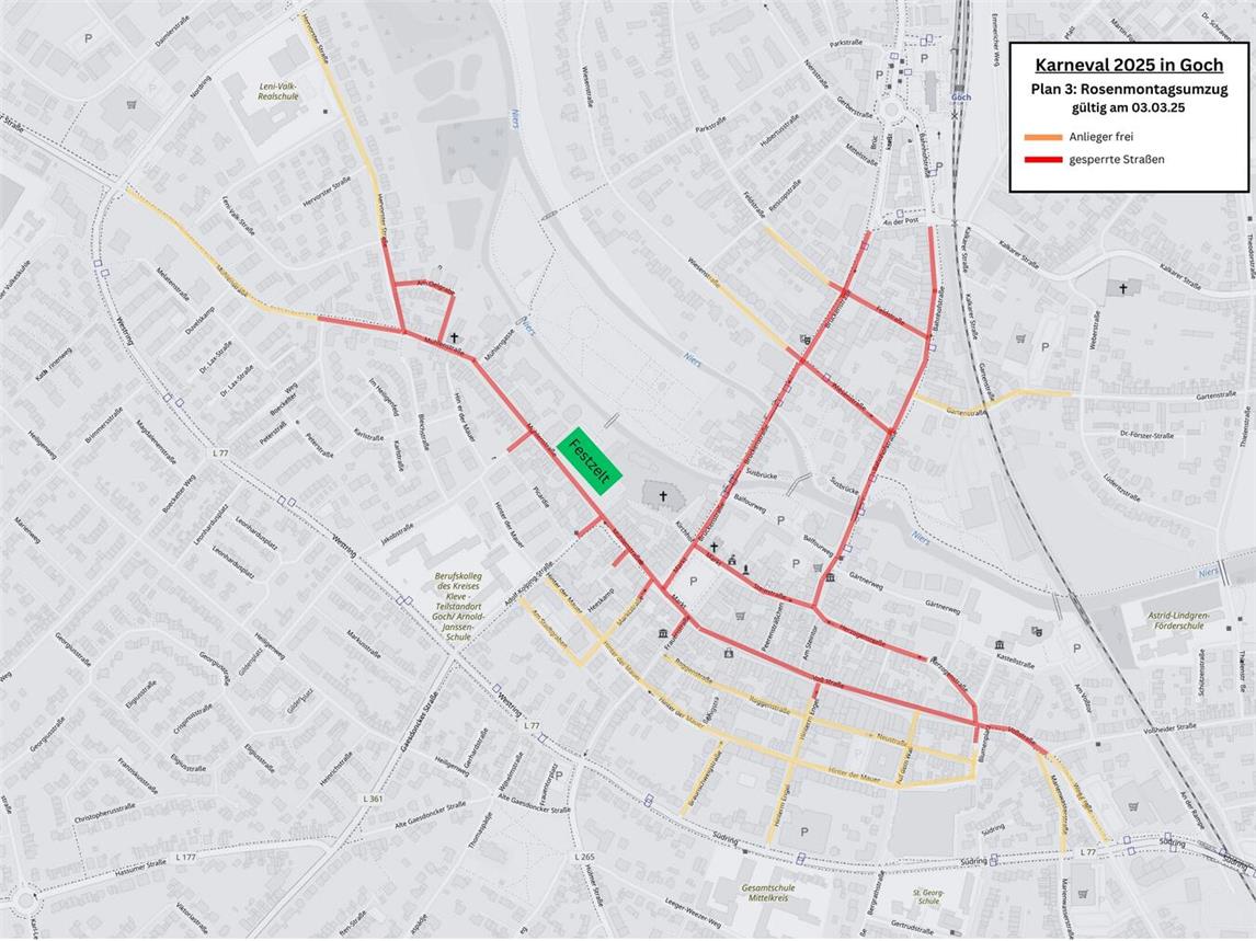 Der Plan Rosenmontag, der am 3. März gilt. Karte: Open StreetMap