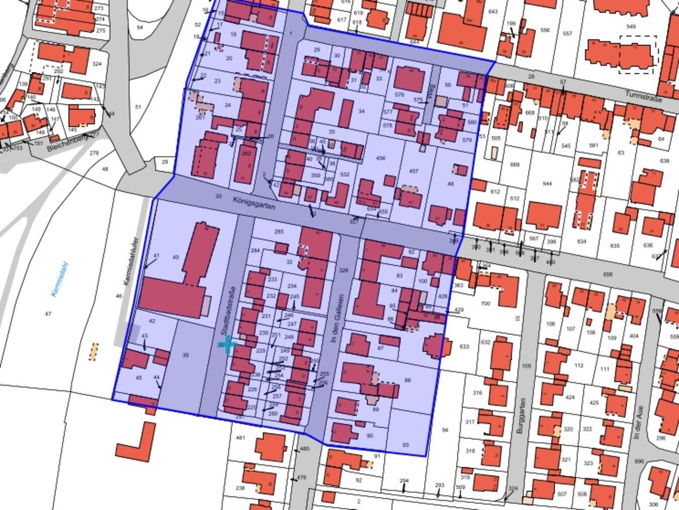 Der Untersuchungsbereich beschränkt sich zunächst auf den Bereich Kermisdahlufer, begrenzt bis zur Turmstraße im Norden sowie östlich im Bereich In den Galleien.Grafik: Stadt Kleve