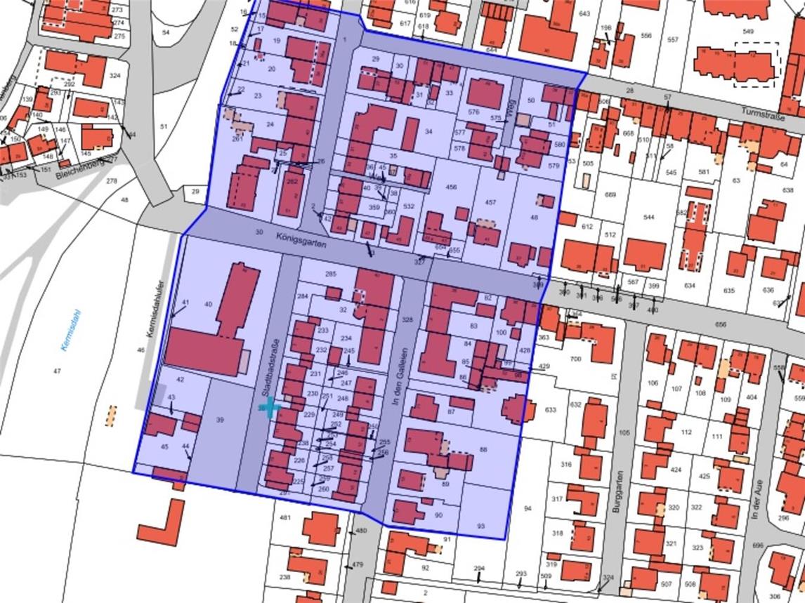 Der Untersuchungsbereich beschränkt sich zunächst auf den Bereich Kermisdahlufer, begrenzt bis zur Turmstraße im Norden sowie östlich im Bereich In den Galleien.Grafik: Stadt Kleve