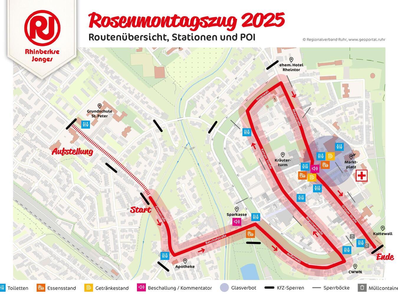 Karnevalsumzüge in Rheinberg Der Zugweg des Rosenmontagszuges in Rheinberg. Grafik: Stadt Rheinberg