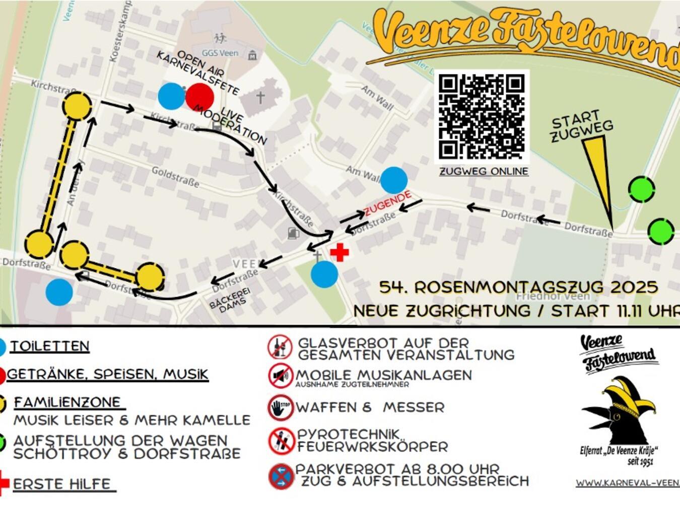 Der Zugweg des Veener Rosenmontagszuges in diesem Jahr. Grafik: Veenze Kräje