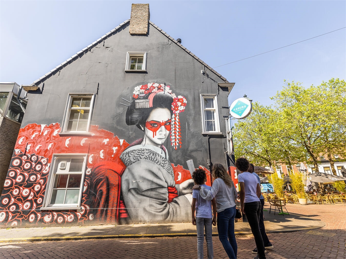 "Straßenkunst an der Blind Walls Gallery in Brabant, farbenfrohe Wandmalerei, urbane Kunstszene"