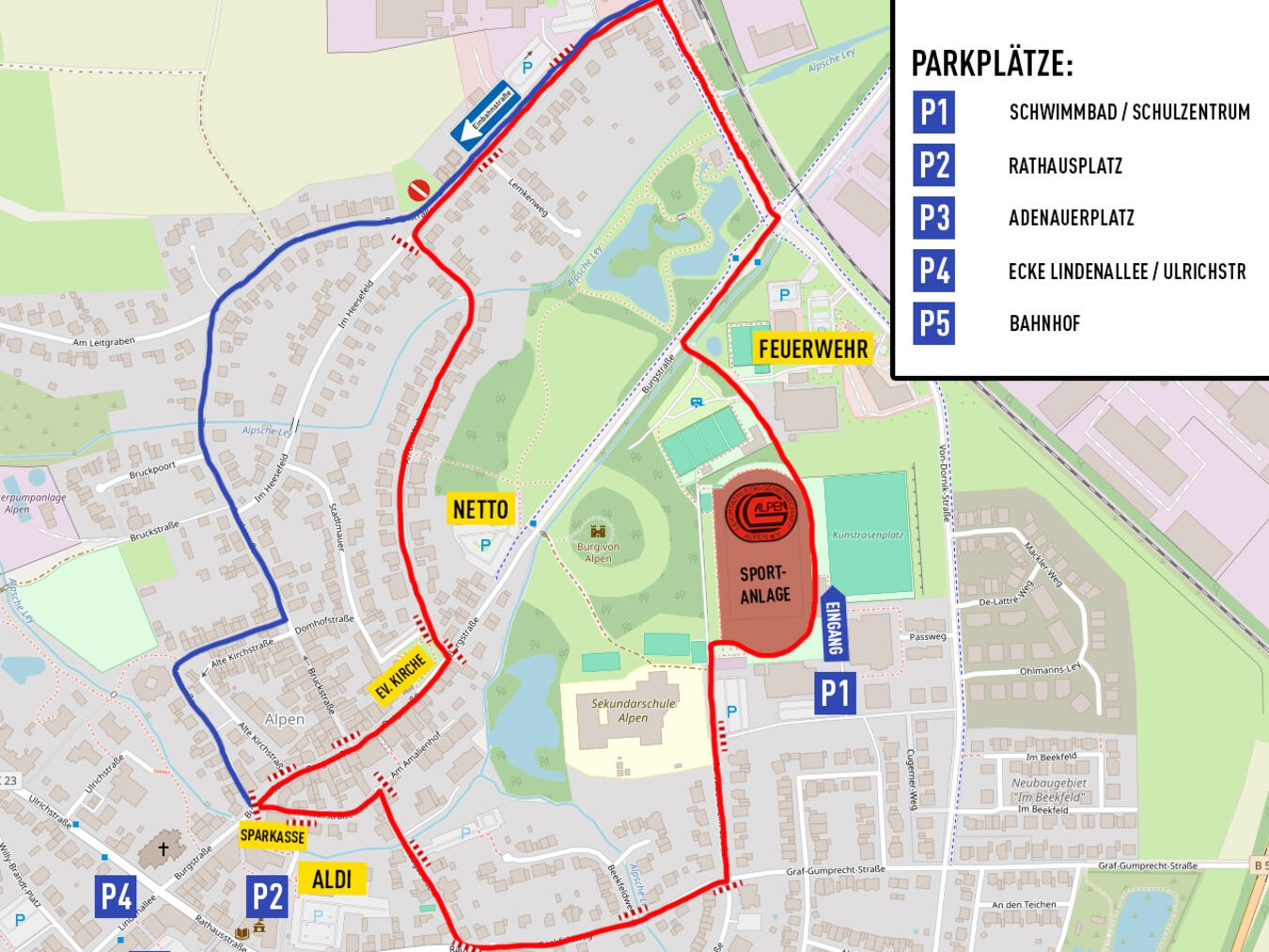 Die diesjährige Strecke mit einer Übersicht über die Parkplatzmöglichkeiten. Grafik: Gemeinde Alpen