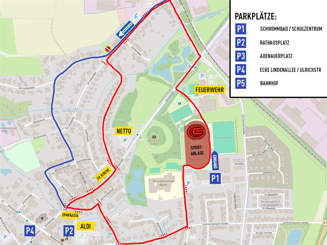 Die diesjährige Strecke mit einer Übersicht über die Parkplatzmöglichkeiten. Grafik: Gemeinde Alpen