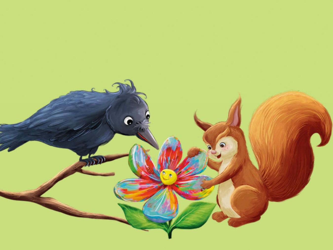 Die drei Freunde Rabe, Glitzerblume und Eichhörnchen erleben gemeinsame Abenteuer. Illustration: Alina Spiekermann