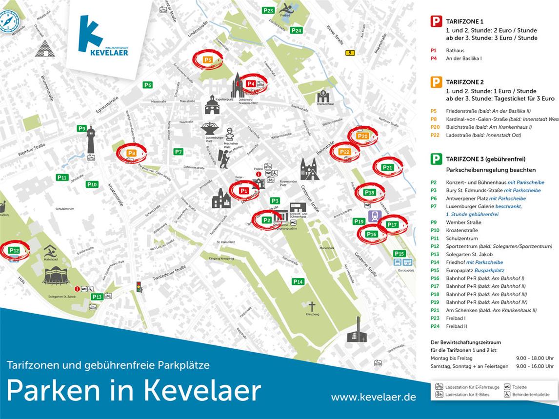 Die eingekreisten Parkplätze des Parkleitsystems erhalten kamerabasierte Sensoren. Der Parkplatz Konzert- und Bühnenhaus erhält keine. Auf dem Parkplatz „Rathaus“ werden diese erst nach den Umbaumaßnahmen installiert. Foto: © Wallfahrtsstadt Kevelaer