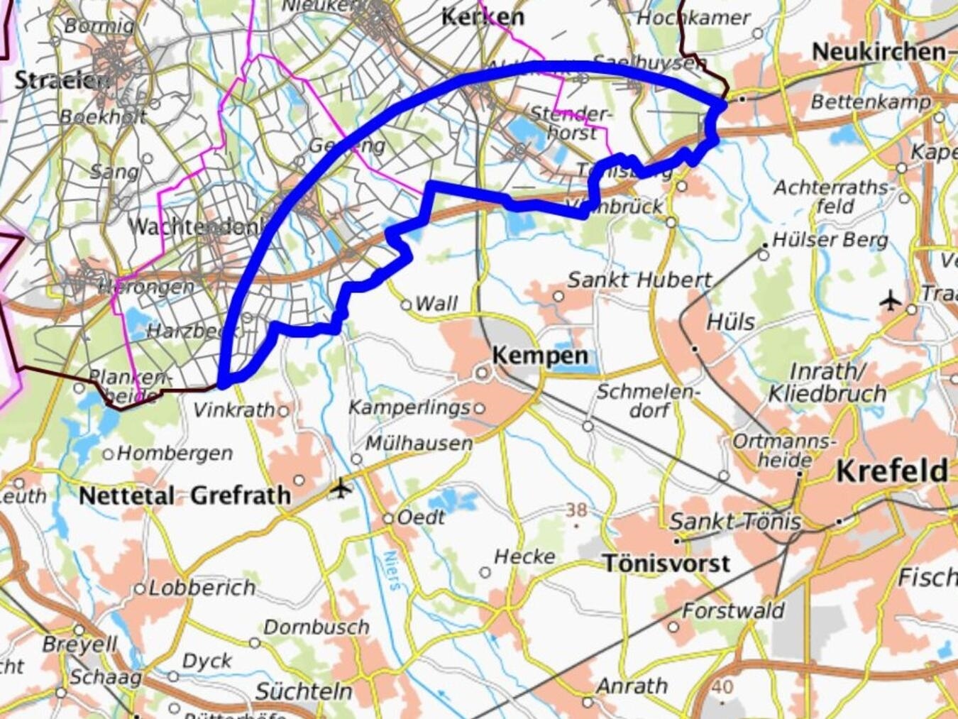 Die entsprechenden Gebiete im südlichen Kreisgebiet sind nach dem Ausbruch der Geflügelpest in der Stadt Kempen im Kreis Viersen. Grafik: Kreis Kleve