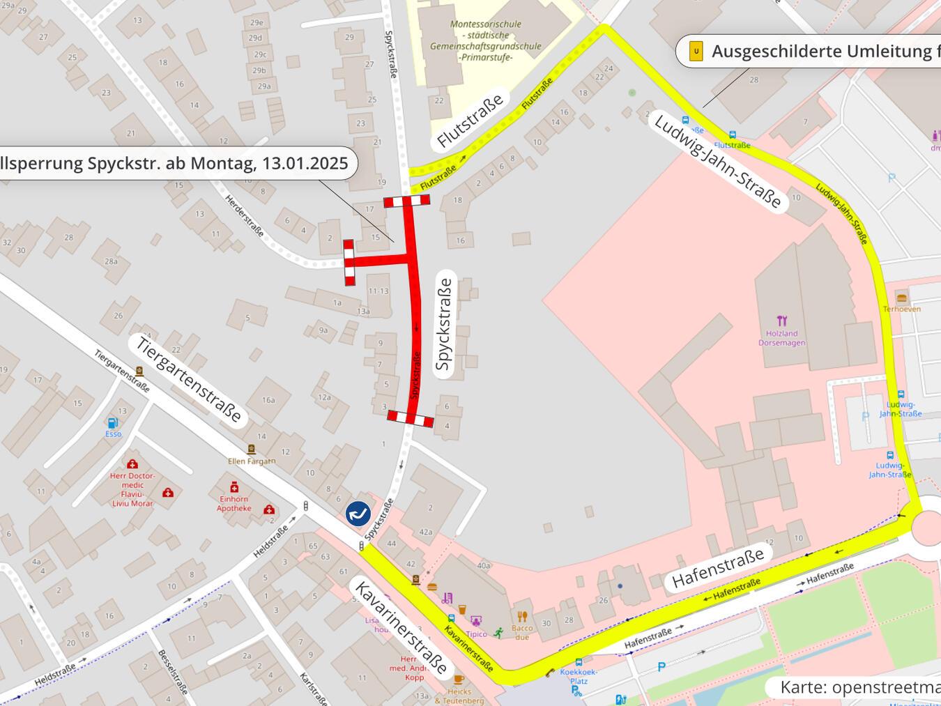 Die Erneuerung der Kanalisation sowie der Fahrbahn auf der Spyckstraße wird jetzt fortgesetzt. Foto: openstreetmap/Stadt Kleve