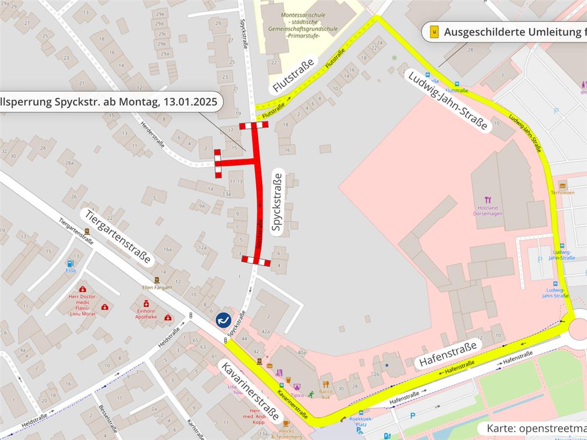 Die Erneuerung der Kanalisation sowie der Fahrbahn auf der Spyckstraße wird jetzt fortgesetzt. Foto: openstreetmap/Stadt Kleve