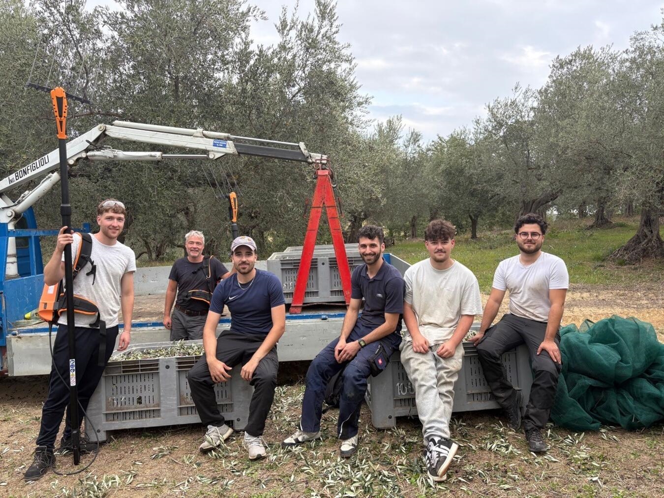Die freiwilligen Helfer bei der Olivenernte mit Thorsten Merz in Italien. Foto: privat