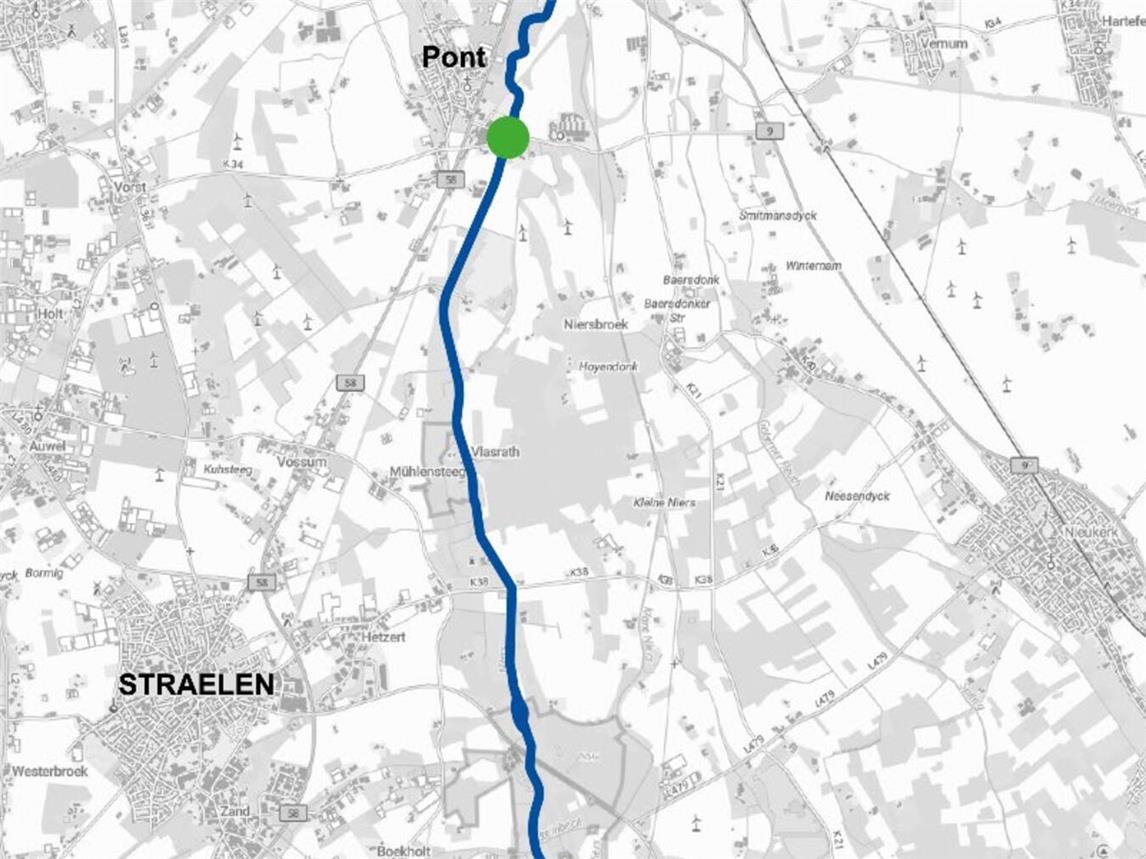 Die grün markierten Punkte in der Karte zeigen den Ausstieg in Wachtendonk beziehungsweise den Einstieg hinter der Sperrung in Geldern-Pont. Foto: Niersverband