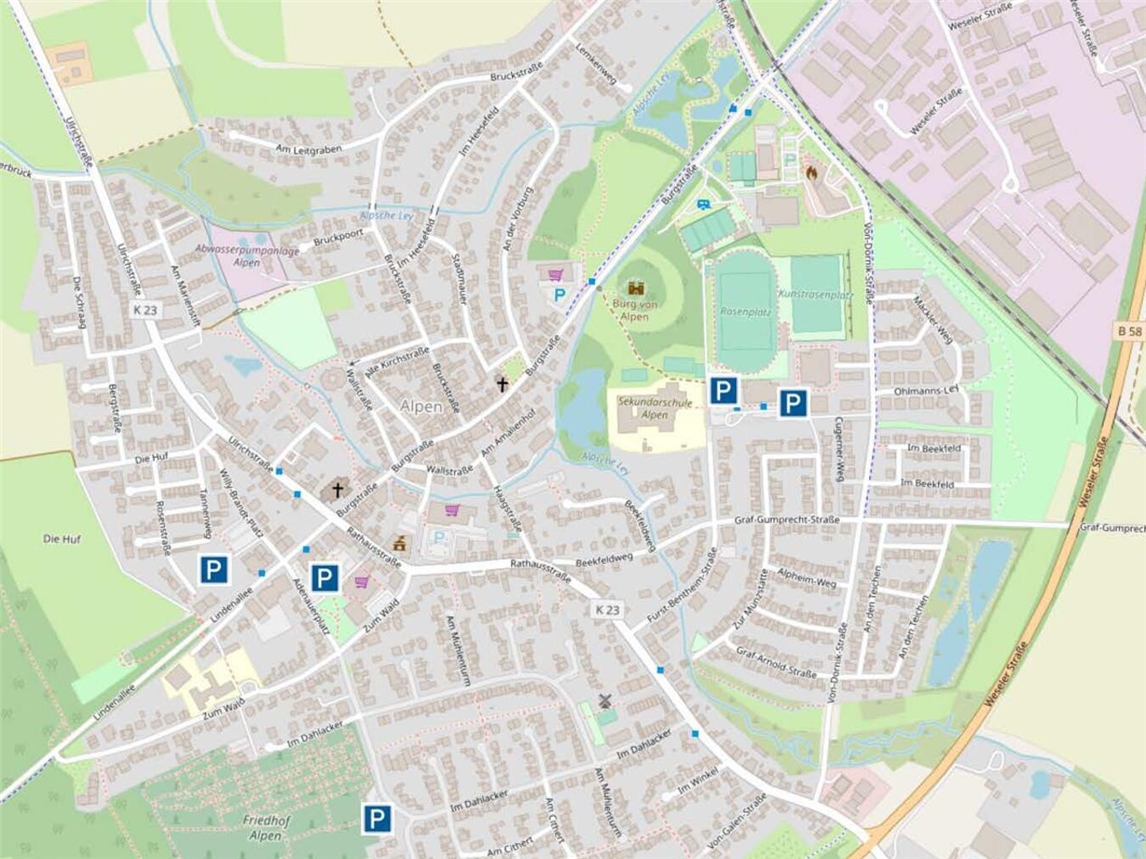 Die Karte zeigt die Parkmöglichkeiten im Alpener Ortskern. Foto: Gemeinde