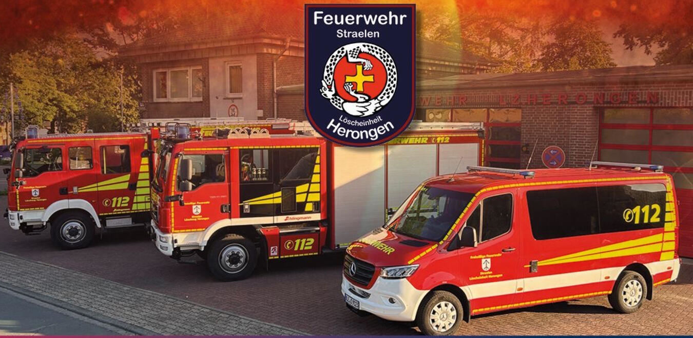 "Feuerwehr Herongen begrüßt Gäste bei Veranstaltung, Gruppenfoto vor Feuerwehrauto"