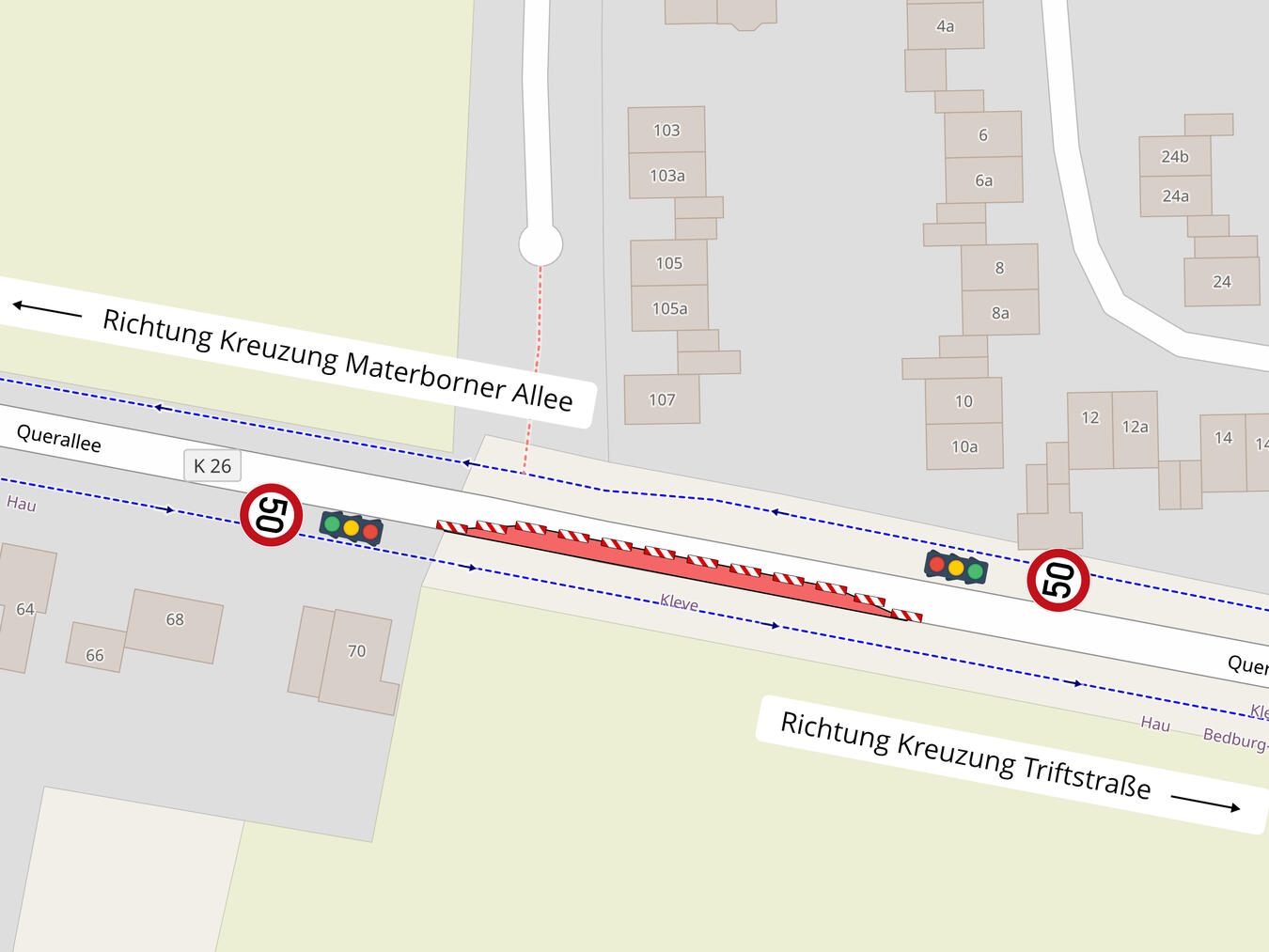 Die Querallee wird auf einer Strecke von rund 90 Metern halbseitig gesperrt. Grafik: openstreetmap.org / Stadt Kleve