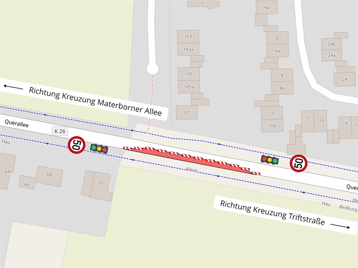 Die Querallee wird auf einer Strecke von rund 90 Metern halbseitig gesperrt. Grafik: openstreetmap.org / Stadt Kleve