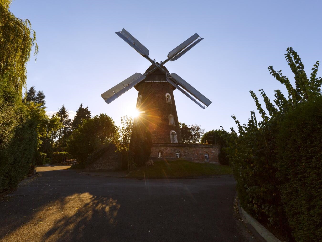 Historische Scholten-Mühle in Rees, denkmalgeschützt, umgeben von grüner Landschaft