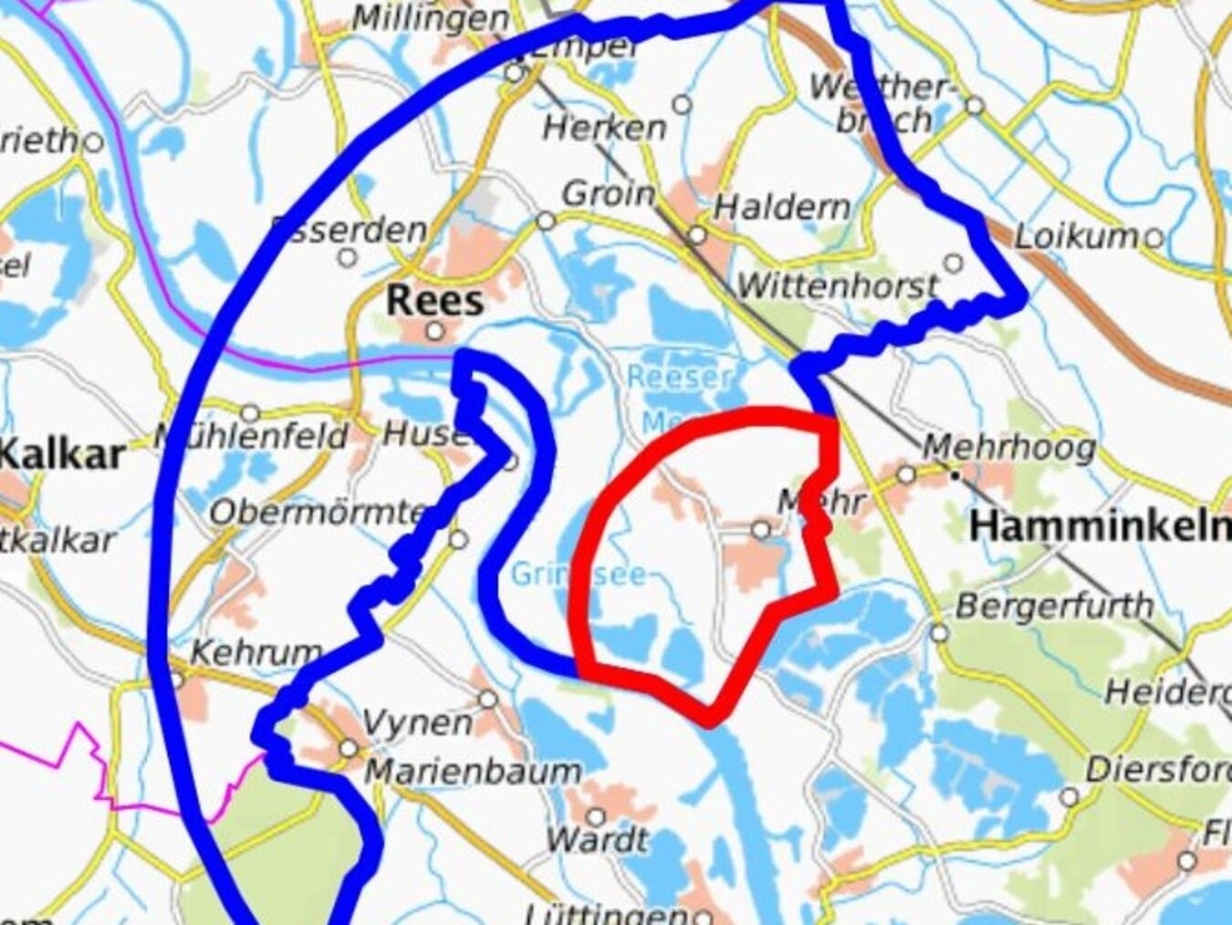 Die Schutz- und Überwachungszone des Geflügelpestausbruchs in Rees. Grafik: Kreis Kleve