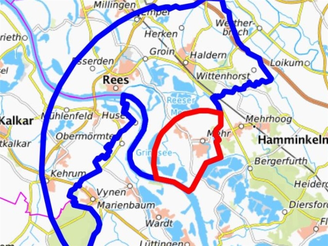 Die Schutz- und Überwachungszone des Geflügelpestausbruchs in Rees. Grafik: Kreis Kleve