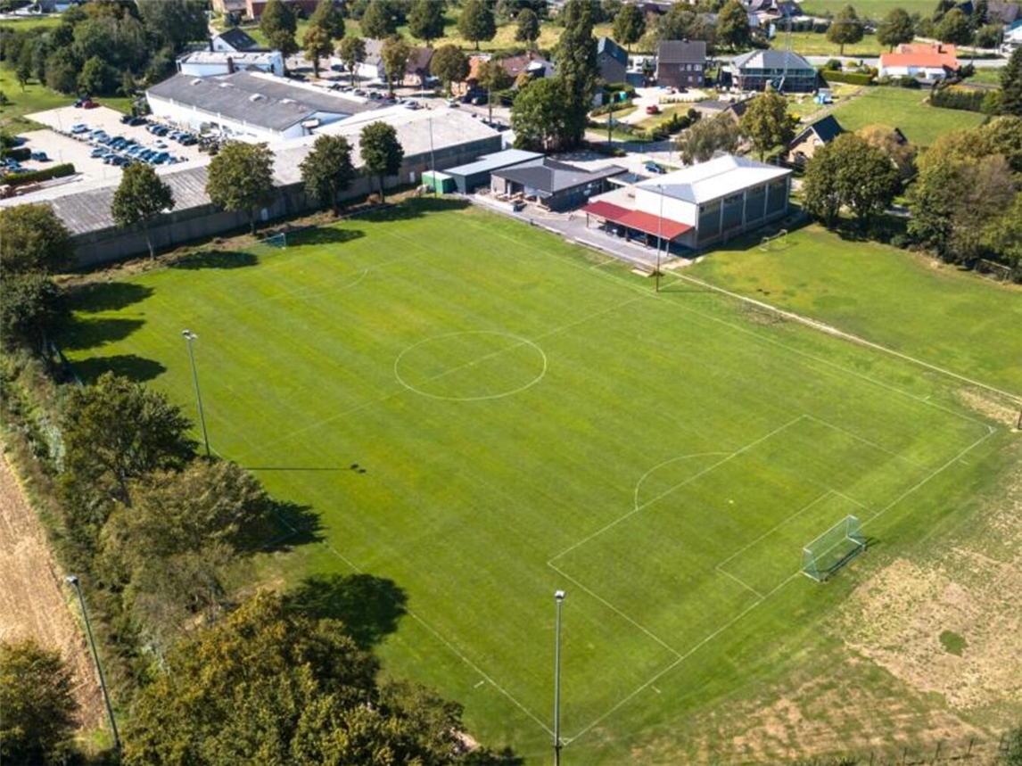 Sportanlage Blau-Weiß Bienen, grüner Fußballplatz, Vereinslogo, blauer Himmel