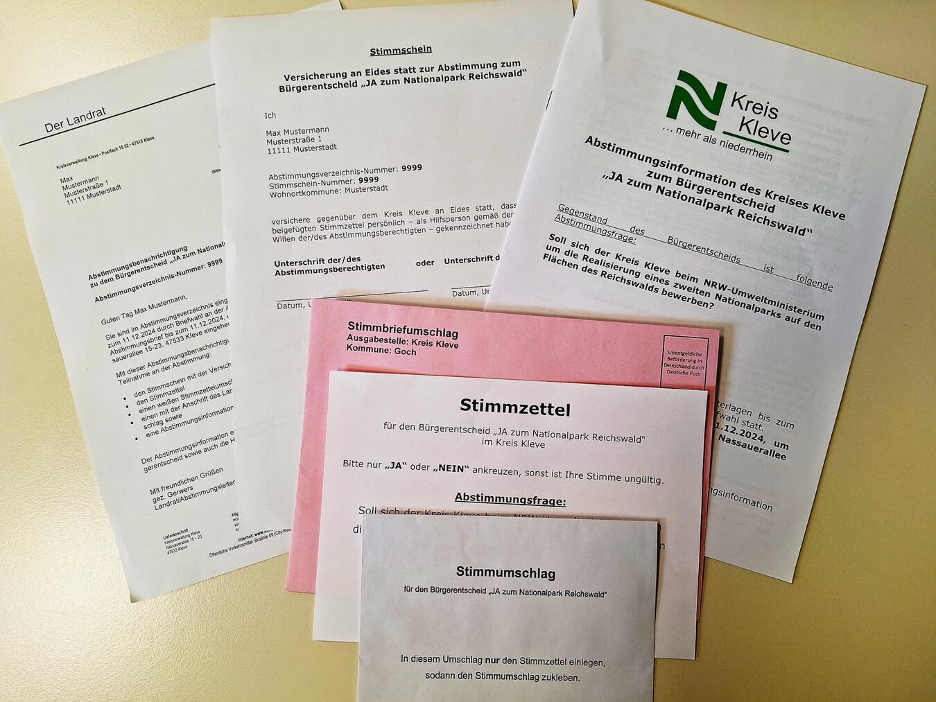 Die Stimmzettel zum Reichswald-Bürgerentscheid. Foto (Archiv): Kreis Kleve